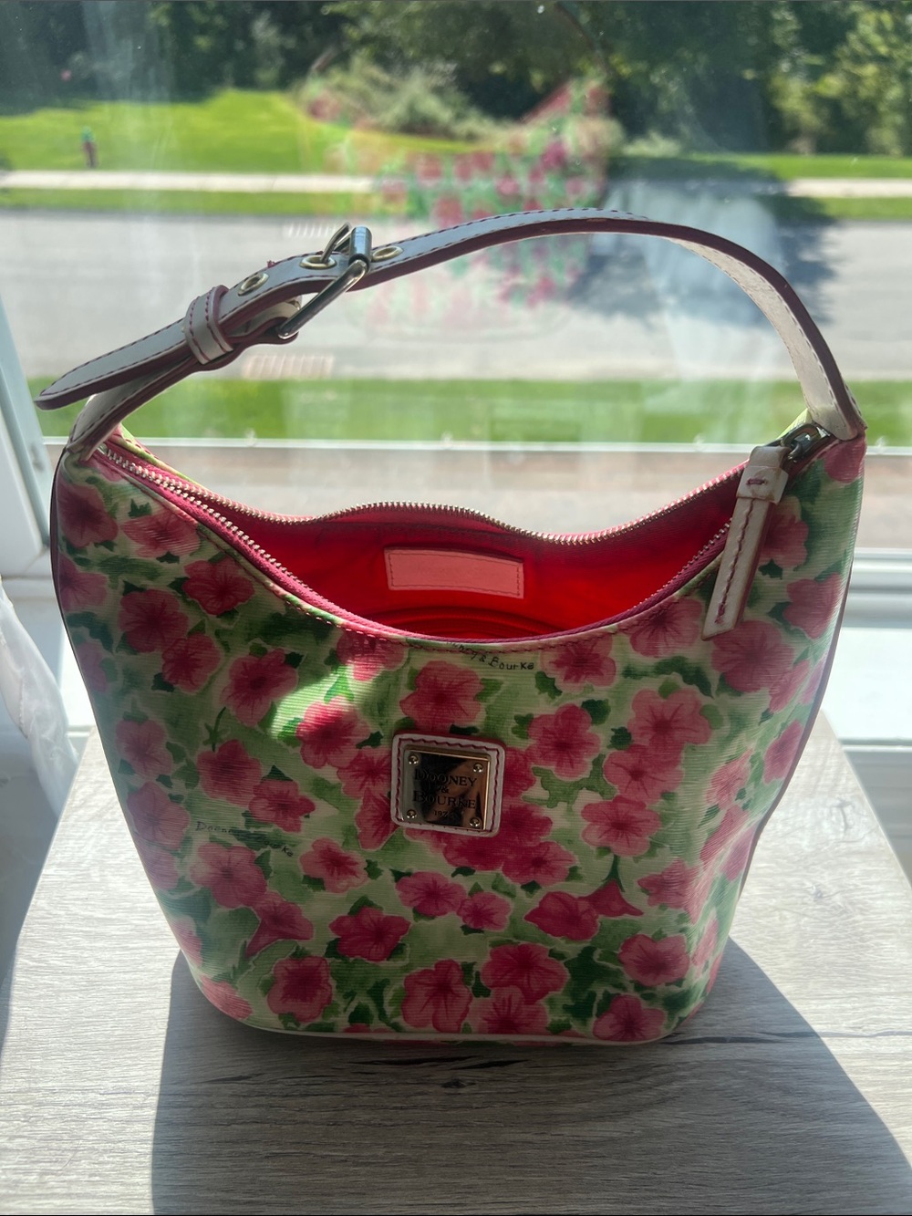Dooney & Bourke Pretty Pink Floral Shoulder Bag with Green Accents